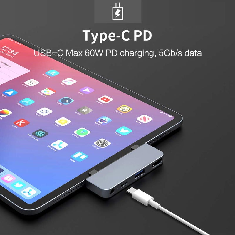 HyperDrive iPad Pro USB C Hub â€” 4-in-1 USBC Hub w/ 4K30Hz HDMI, USB-C 5Gbps 60W PD, USB-A 5Gbps, 3.5mm Audio Jack â€” Form-Fitting, Aluminum iPad Docking Station Compatible w/Air & Mini (Space Gray) - Image 5